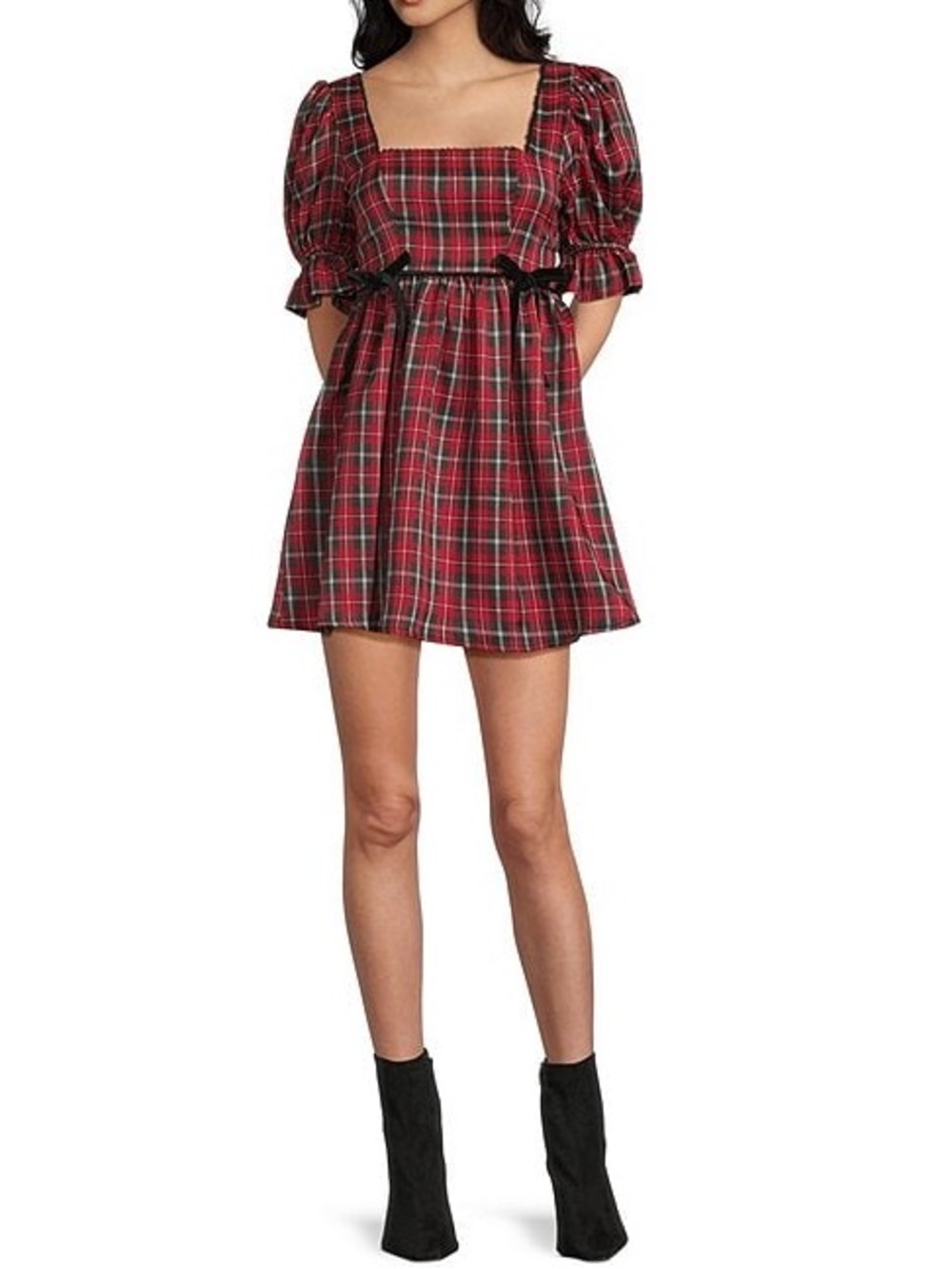 Copper Key Velvet Plaid Puff Sleeve Dress - Size Small